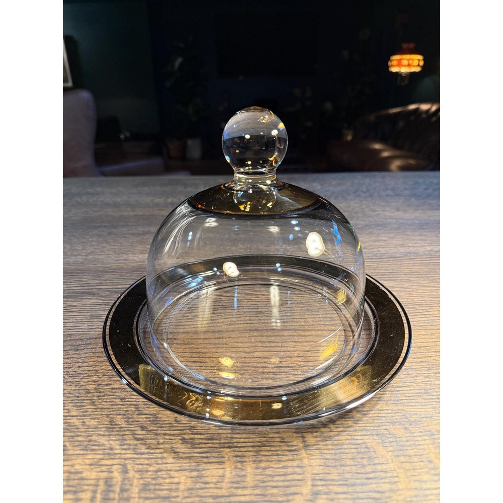 Vintage Glass Cheese Dome with Gold Rim & Black Band‎ |Midcentury Glass Cloche